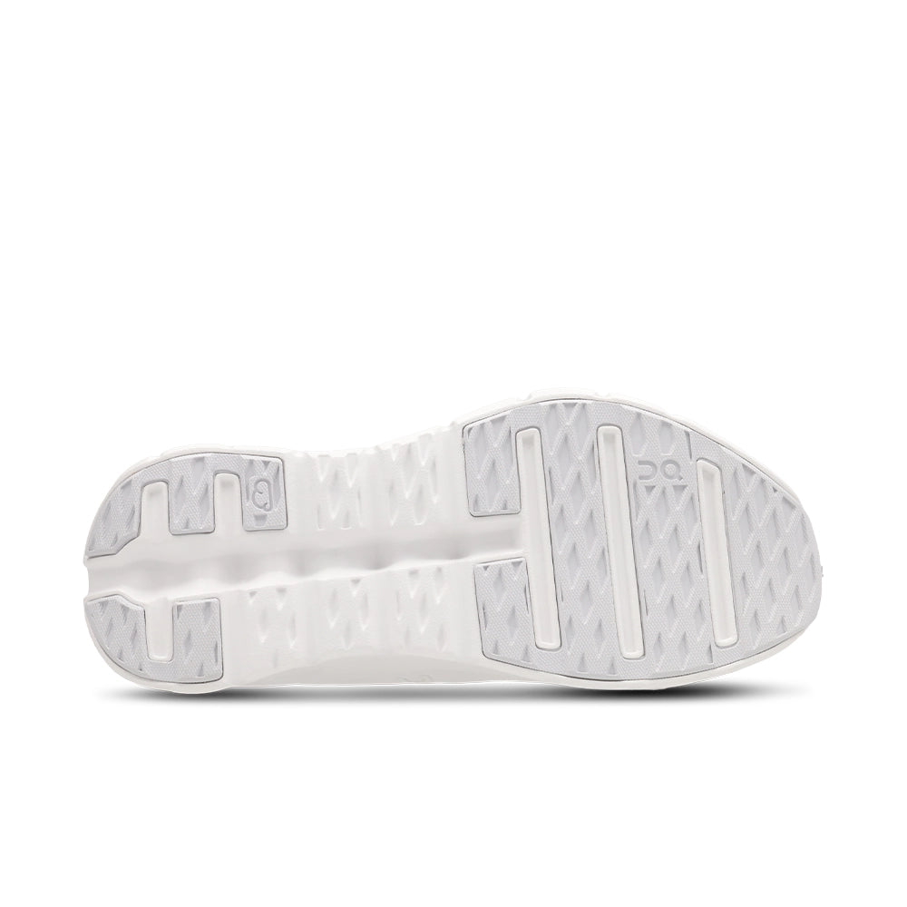 Outsole of the On Cloudtilt White Frost sneaker showing textured tread, gray grip panels, and a central groove.