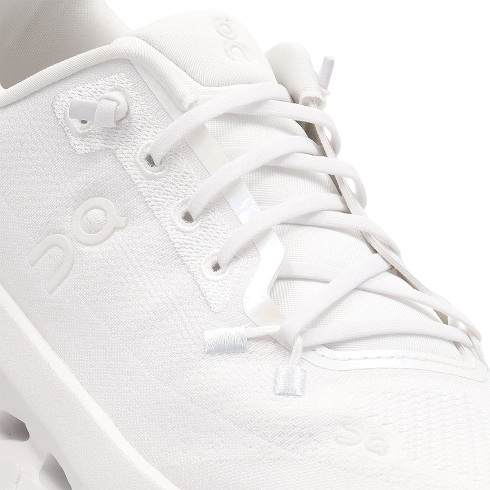 Close-up of the On Cloudtilt White Frost sneaker showing white laces, textured upper, and tonal On logo.