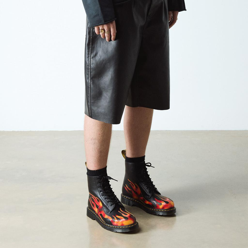 1460 Pascal Flame Arcadia Rub Off Leather Boots 'Black Vibrant Red DMS Yellow'