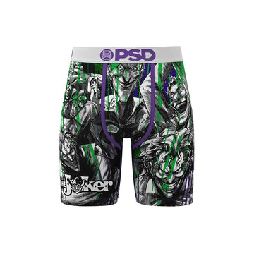Front view of PSD DC Joker Drippin' boxer briefs with Joker collage, green drips, and a white waistband.