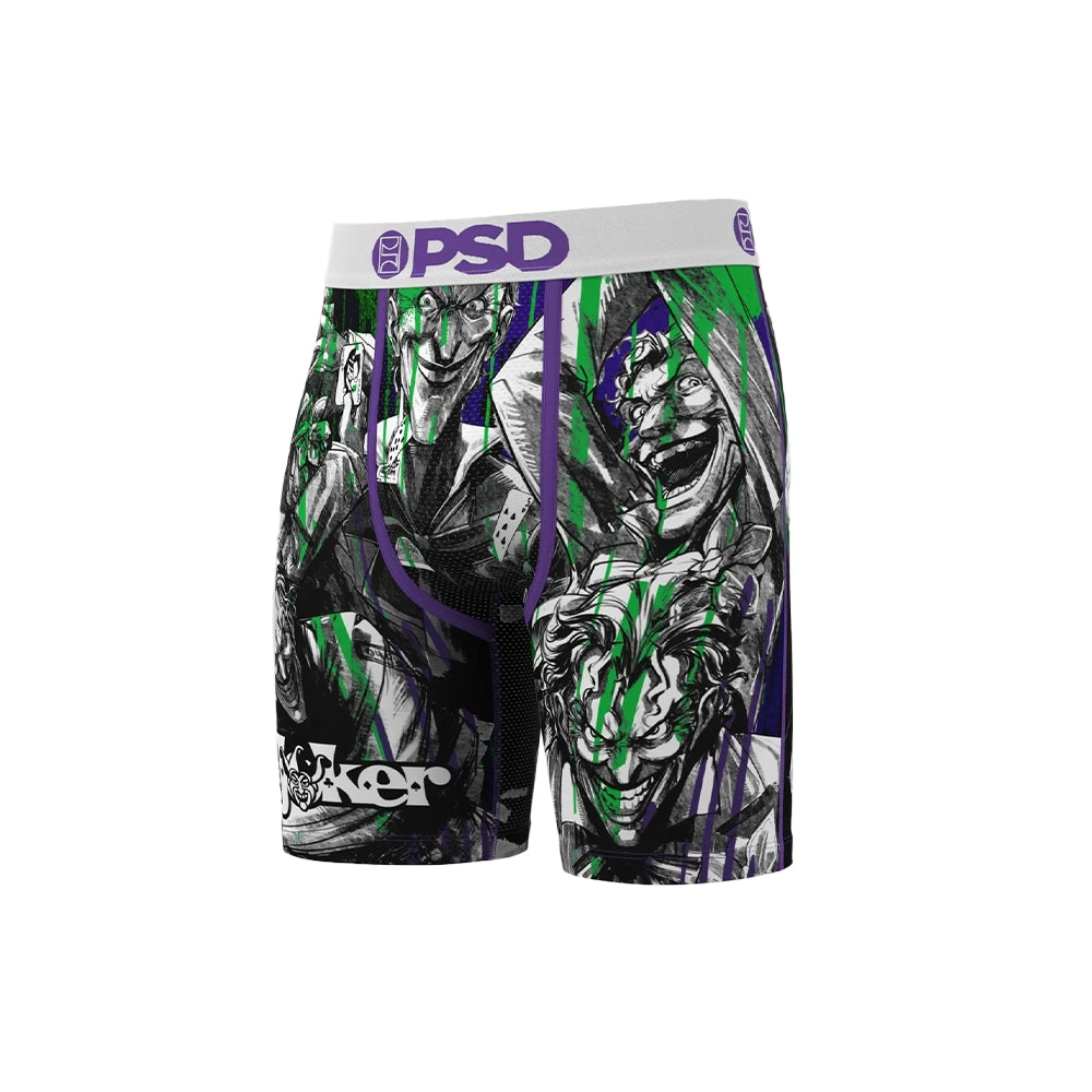 Angled front view of PSD DC Joker Drippin' boxer briefs with green and purple accents and Joker graphics.