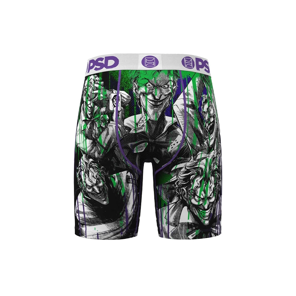 Rear view of PSD DC Joker Drippin' boxer briefs with Joker face collage and purple PSD logos on the waistband.