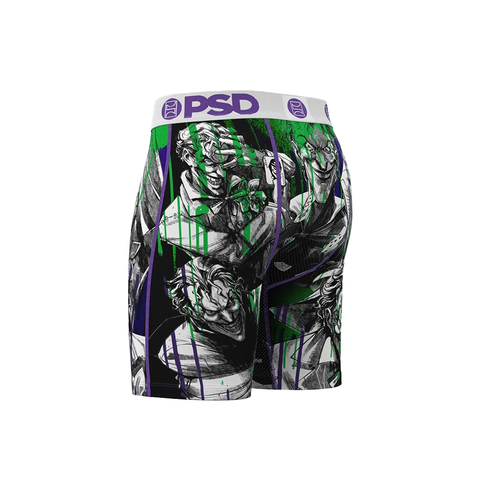 Side angle of PSD DC Joker Drippin' boxer briefs showing black-and-white Joker artwork with green paint drips.