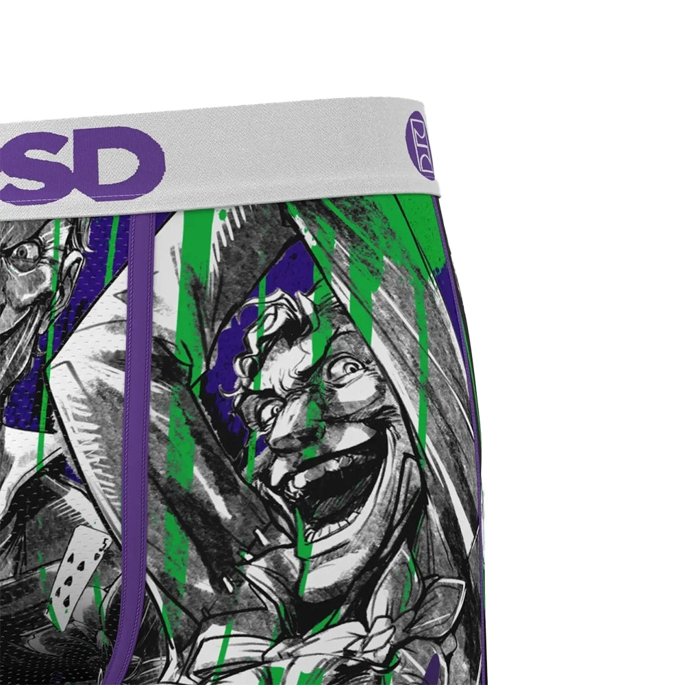 Close-up of PSD DC Joker Drippin' boxer briefs showing Joker artwork, purple stitching, and white logo waistband.
