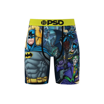 Front view of PSD DC Batman Collage boxer briefs with Batman and Joker comic graphics and a yellow logo waistband.