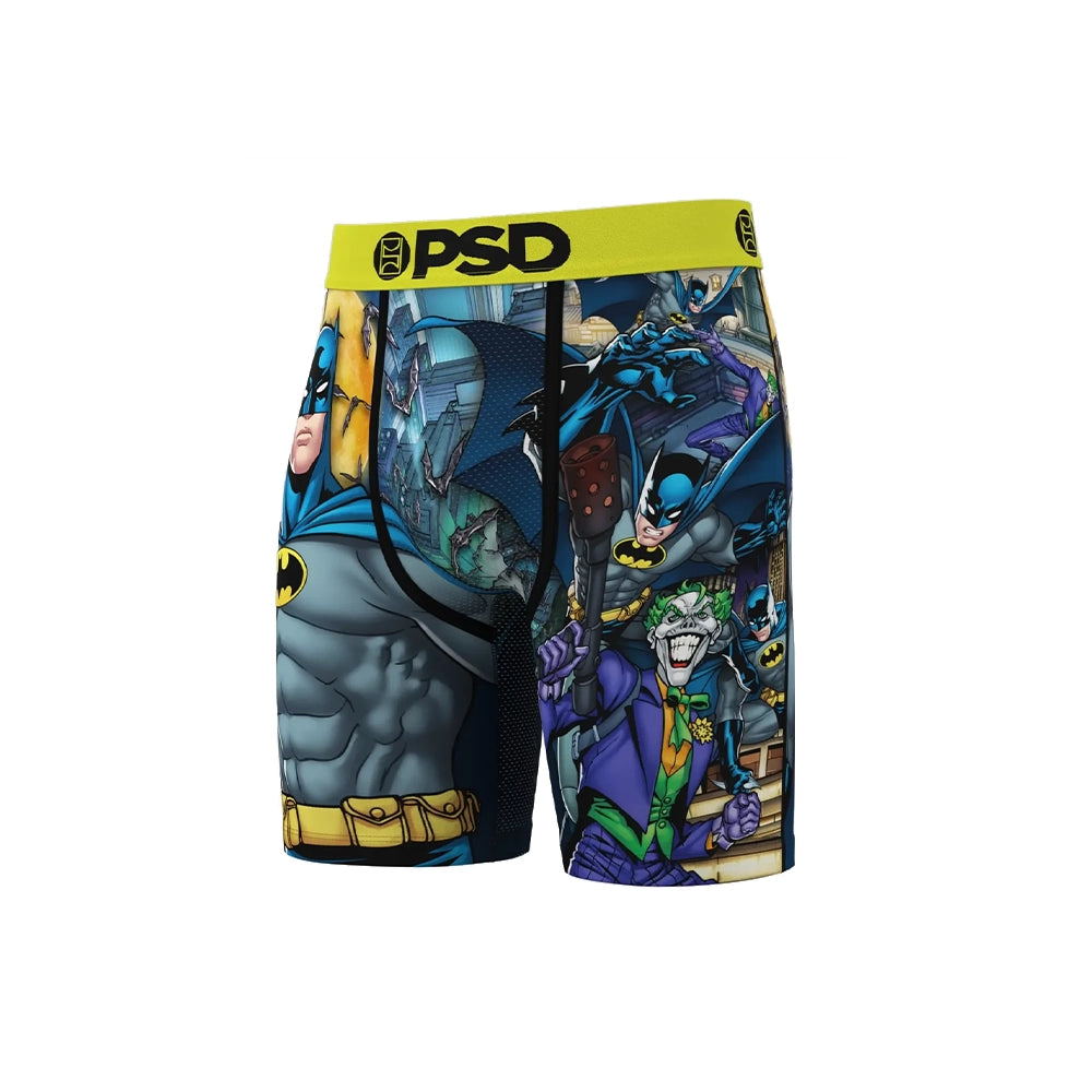 Angled front view of PSD DC Batman Collage boxer briefs showing Batman and Joker artwork with black pouch seams.
