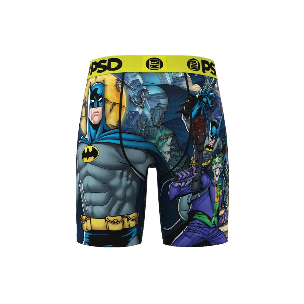 Back view of PSD DC Batman Collage boxer briefs with colorful comic artwork and a yellow PSD waistband.