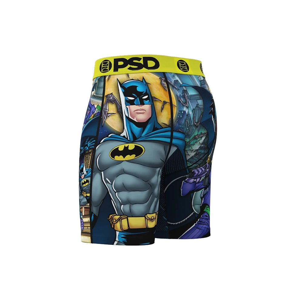 Side view of PSD DC Batman Collage boxer briefs featuring a large Batman illustration in blue and gray.