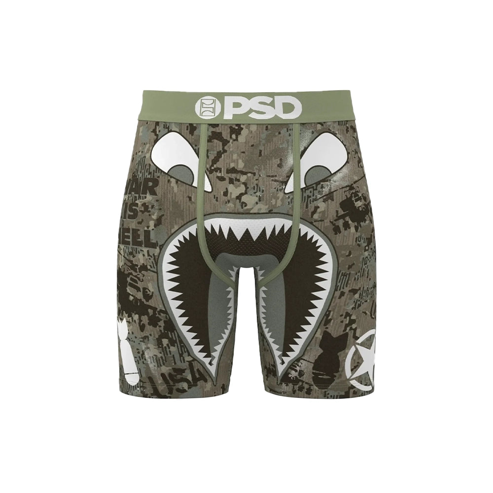 PSD Warface Jungle boxer briefs in olive camouflage with shark face graphic and logo waistband, front view.