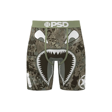 PSD Warface Jungle boxer briefs in olive camouflage with shark face graphic and logo waistband, front view.