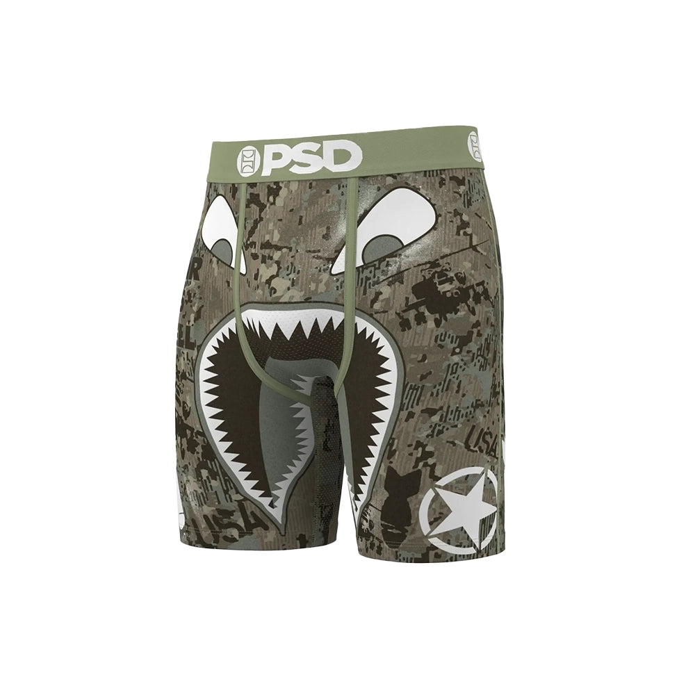 Angled front view of PSD Warface Jungle boxer briefs with shark teeth graphic and white star on the leg.