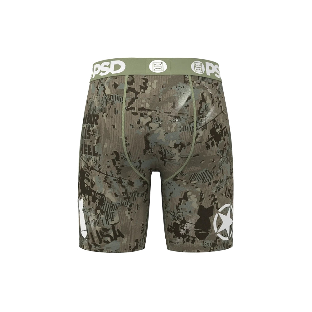Back view of PSD Warface Jungle boxer briefs with olive camouflage print and PSD logo waistband.