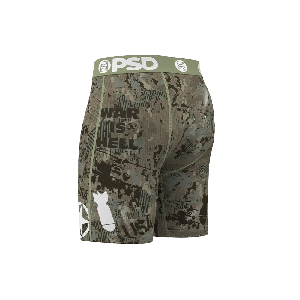 Angled back view of PSD Warface Jungle boxer briefs with camouflage print, bomb graphic and “War Is Hell” lettering.