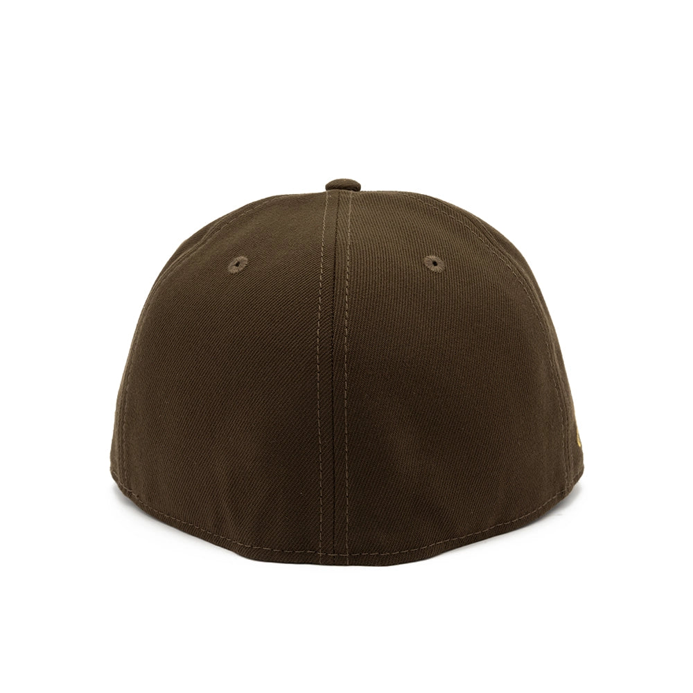 Rear view of walnut brown Yankees 59FIFTY fitted cap with tonal stitching and embroidered eyelets.