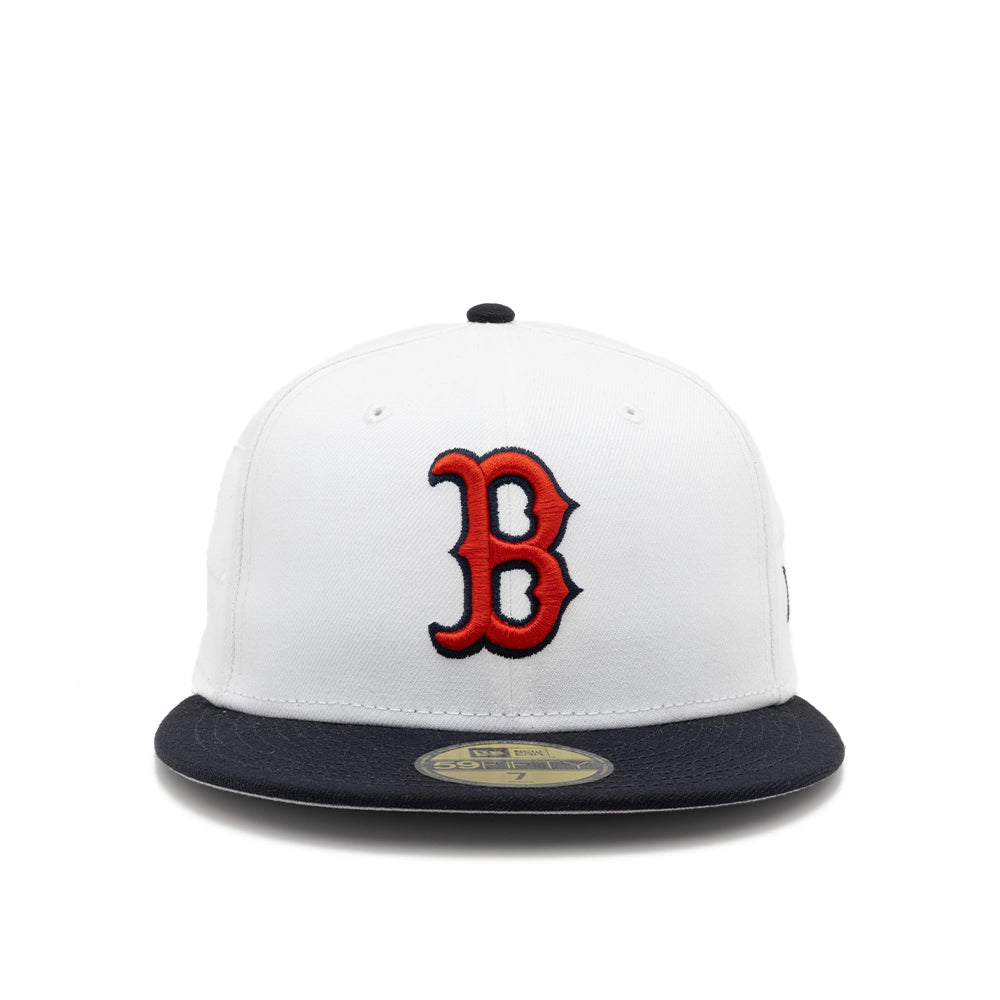 Front view of the white Boston Red Sox 59FIFTY fitted cap with an embroidered red B logo and navy flat brim.