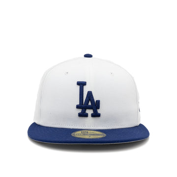 Front view of the white Los Angeles Dodgers 59FIFTY fitted cap with a navy LA logo and flat navy brim.