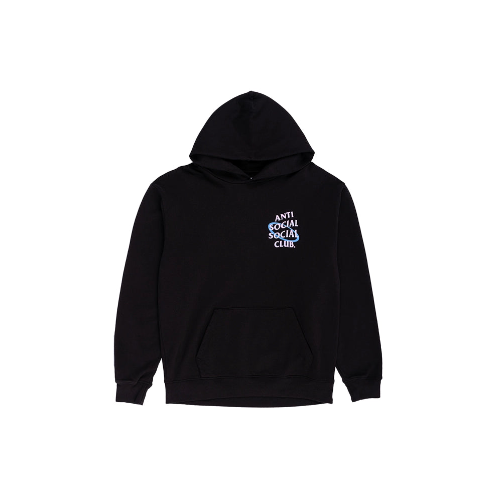 A black pullover hoodie with a small graphic on the left chest reading 'ANTI SOCIAL SOCIAL CLUB' in white and blue, displayed on a clean white background.