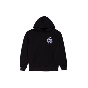 A black pullover hoodie with a small graphic on the left chest reading 'ANTI SOCIAL SOCIAL CLUB' in white and blue, displayed on a clean white background.