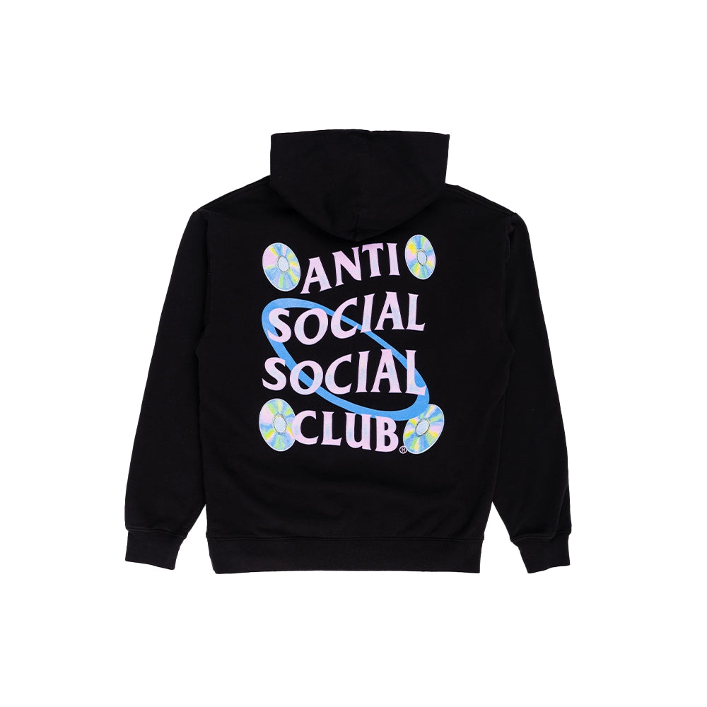 A black pullover hoodie shown from the back, featuring a large graphic print with the text 'ANTI SOCIAL SOCIAL CLUB' in light purple letters, a blue swoosh, and four pastel-colored circular patterns.