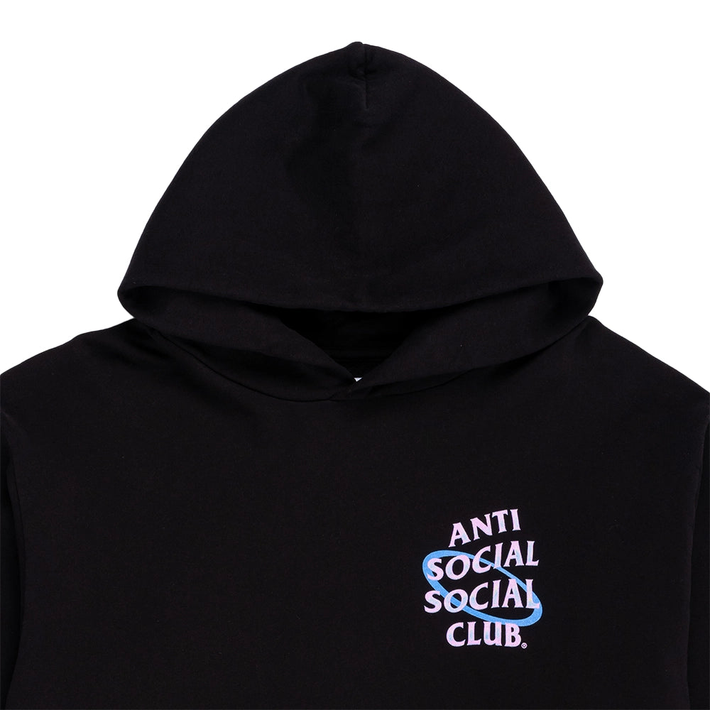 A close-up of a black pullover hoodie featuring the 'Anti Social Social Club' logo printed on the left chest in white and blue, set against a plain white background.