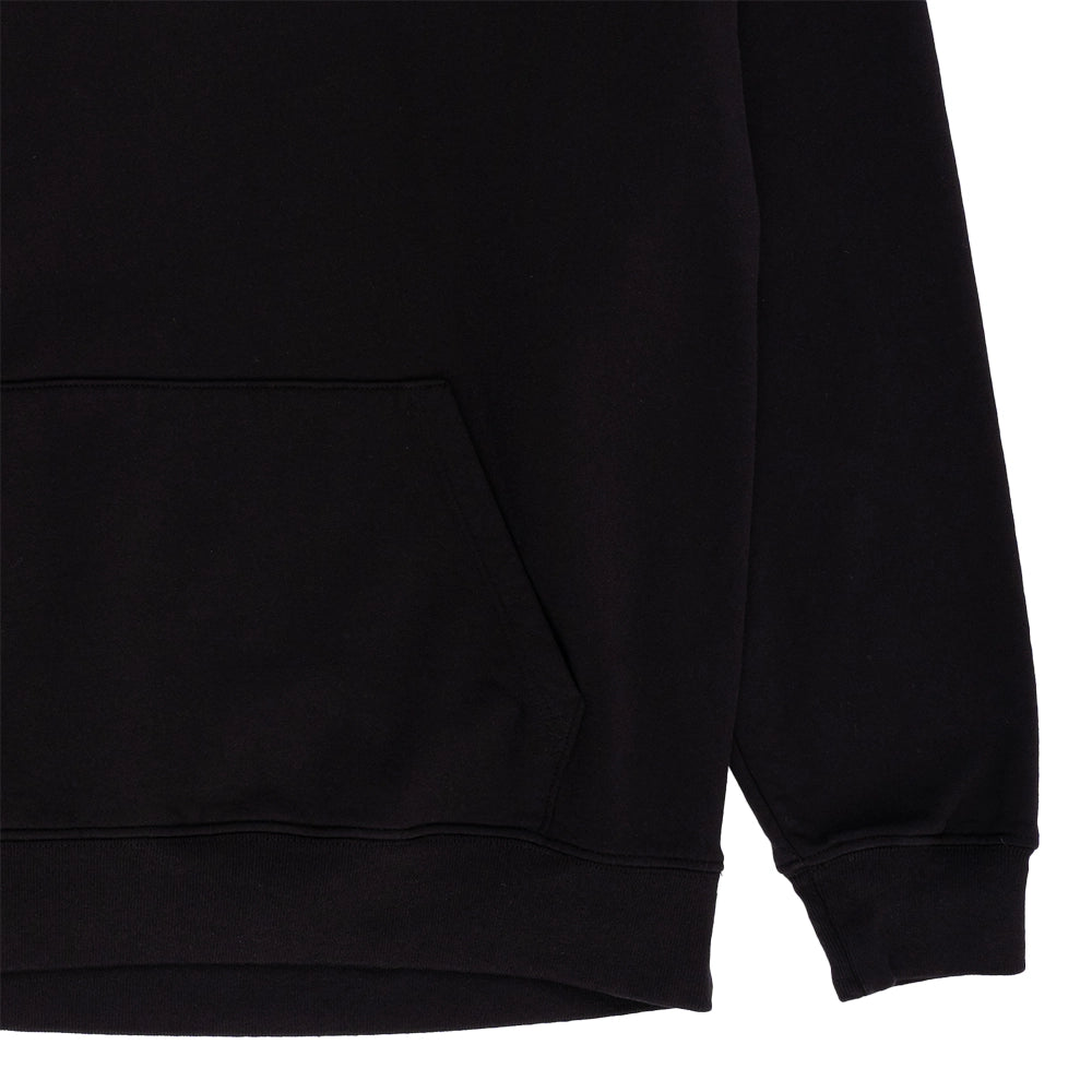 Close-up of a black long-sleeve sweatshirt showing the sleeve, ribbed cuff, and front kangaroo pocket against a plain white background.