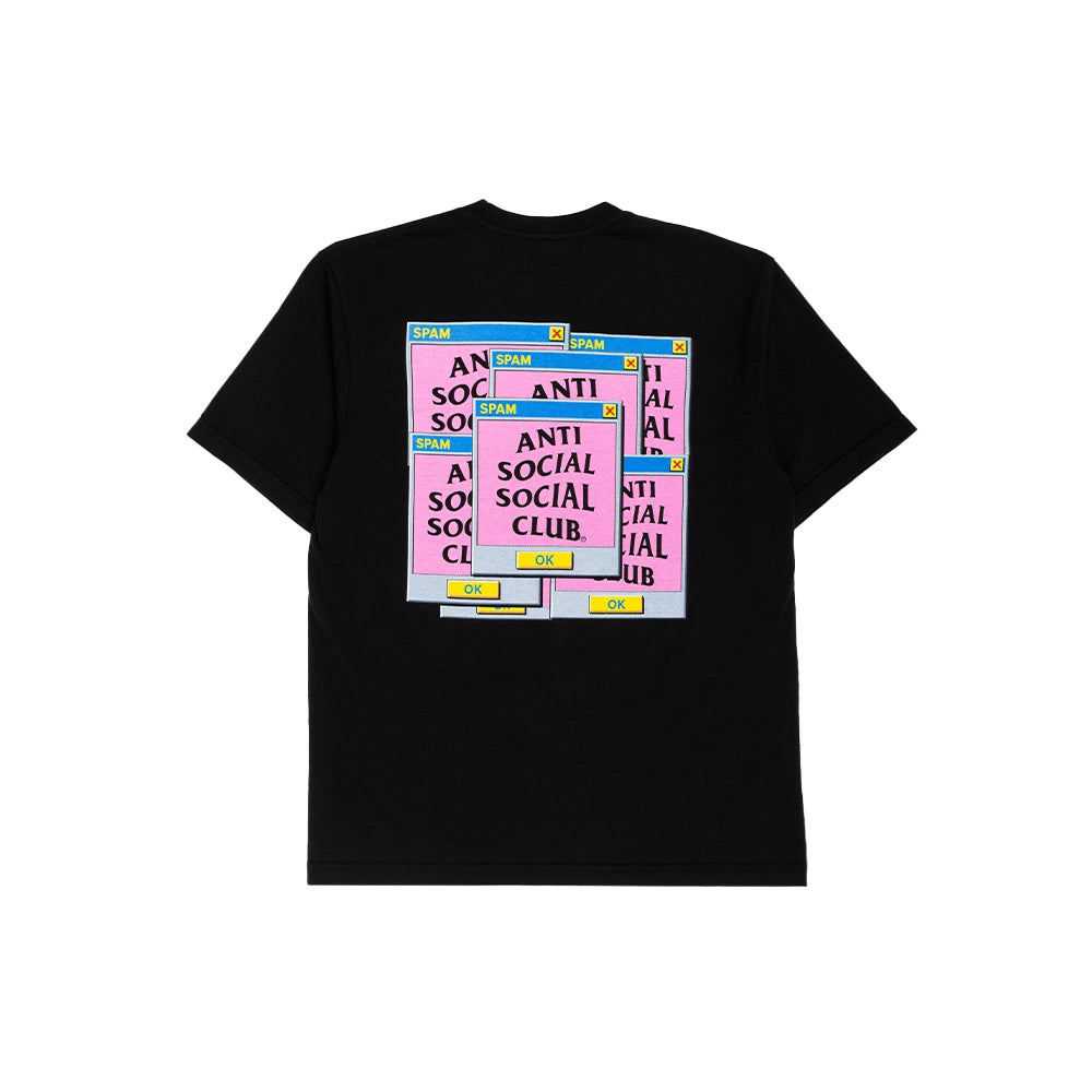A black short-sleeve t-shirt with a colorful graphic print on the back depicting multiple overlapping pink and blue windows with the text 'ANTI SOCIAL SOCIAL CLUB'.
