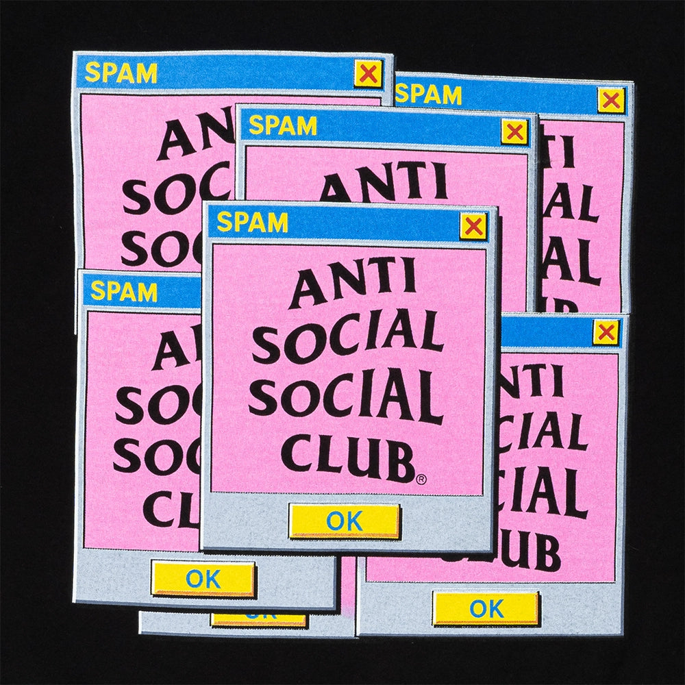A stack of retro computer-style spam windows with pink backgrounds, blue title bars, yellow OK buttons, and black text reading 'ANTI SOCIAL SOCIAL CLUB' on a black background.
