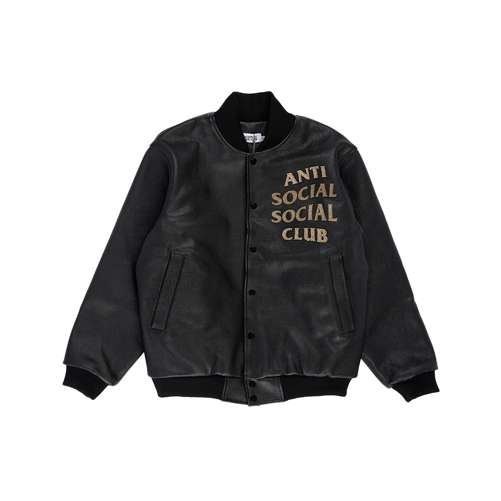 Front view of black Anti Social Social Club leather bomber jacket with tan snakeskin appliqué chest logo.