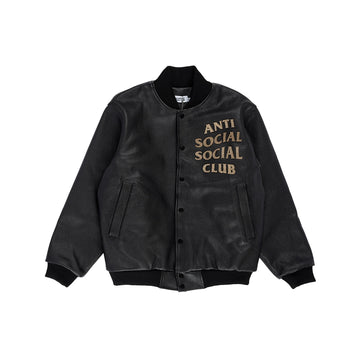 Front view of black Anti Social Social Club leather bomber jacket with tan snakeskin appliqué chest logo.