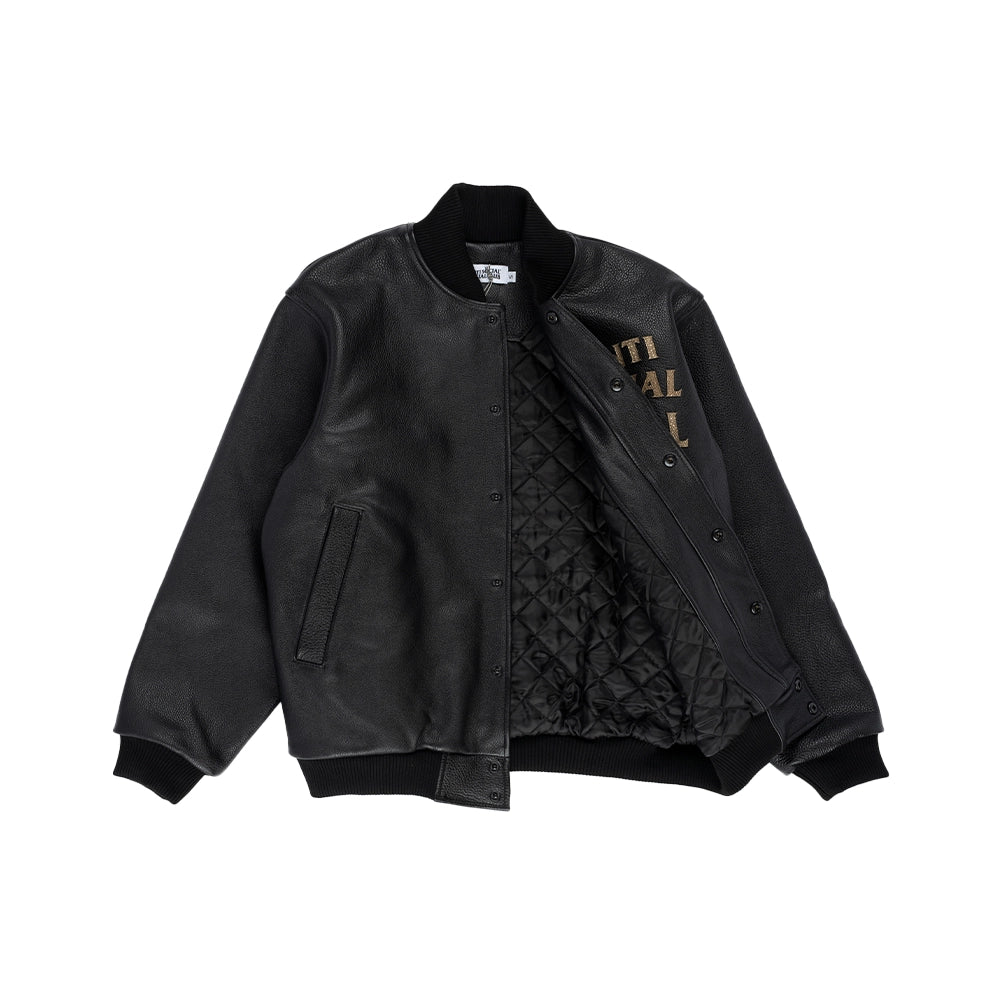 Black Anti Social Social Club leather bomber jacket partially open, showing black diamond-quilted lining.