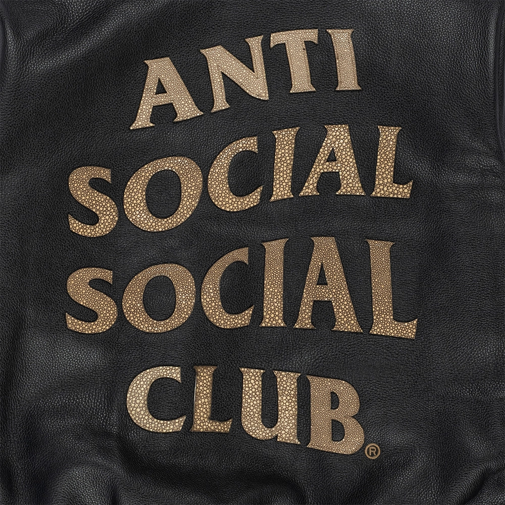 Close-up of tan snakeskin appliqué Anti Social Social Club lettering on the back of the black leather bomber.