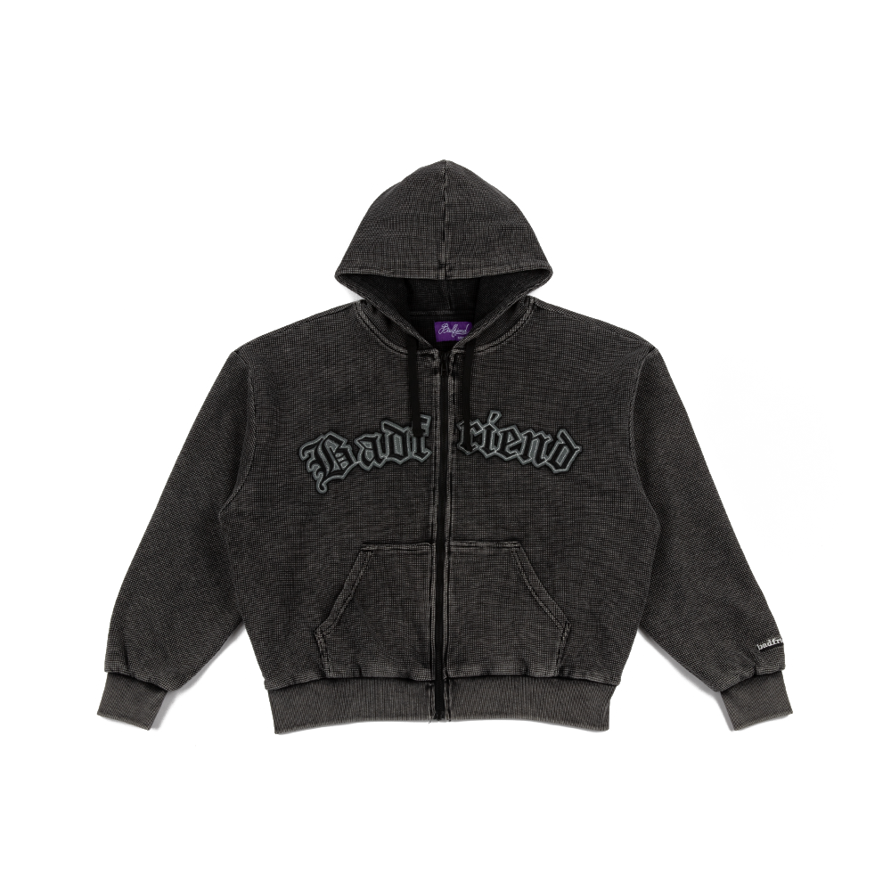 Waffle Knit Full Zip Sweater 'Off Black'