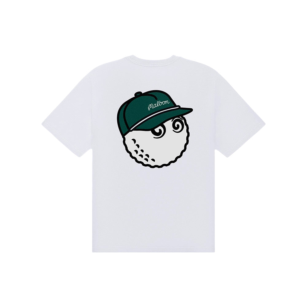 Back view of the white Malbon Bermuda Baldwin T-shirt featuring a golf ball graphic wearing a green cap