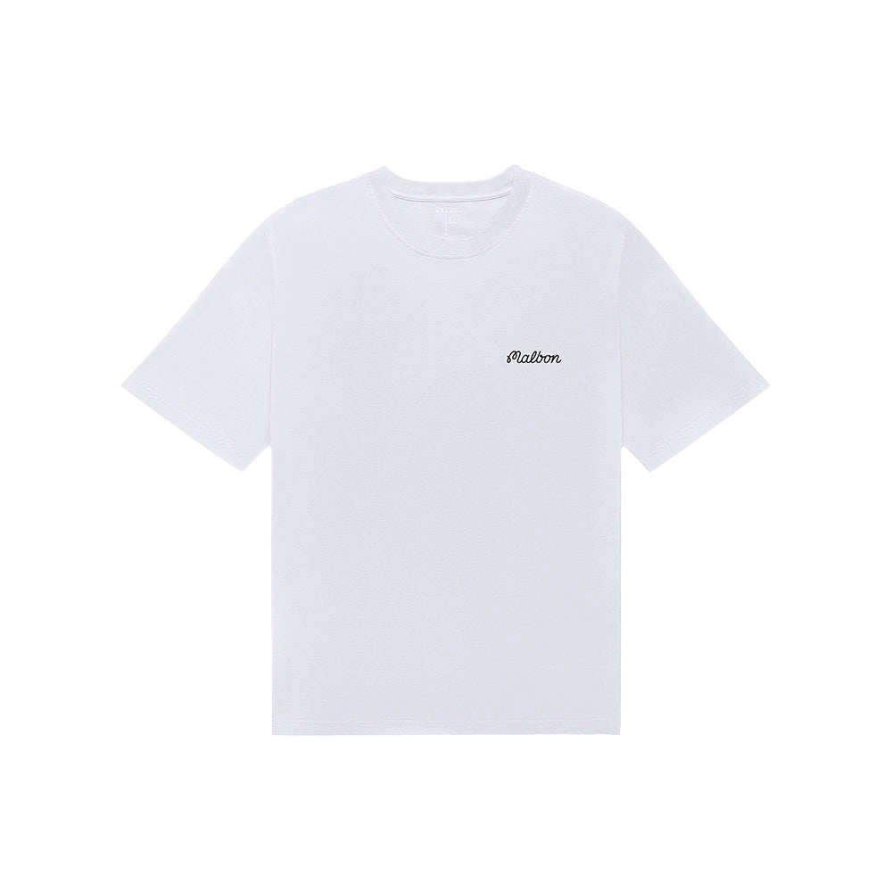 White Malbon Bermuda Baldwin T-shirt with short sleeves, a crew neck, and a black chest logo