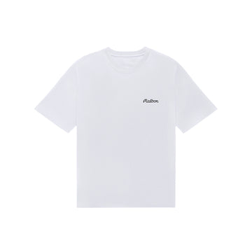White Malbon Bermuda Baldwin T-shirt with short sleeves, a crew neck, and a black chest logo