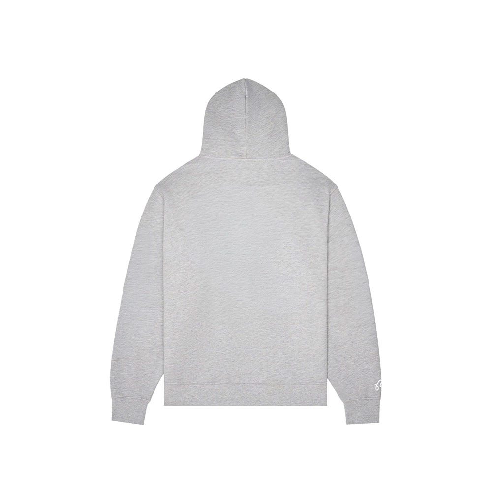 Back view of the Malbon Fesque Hoodie in heather grey laid flat.