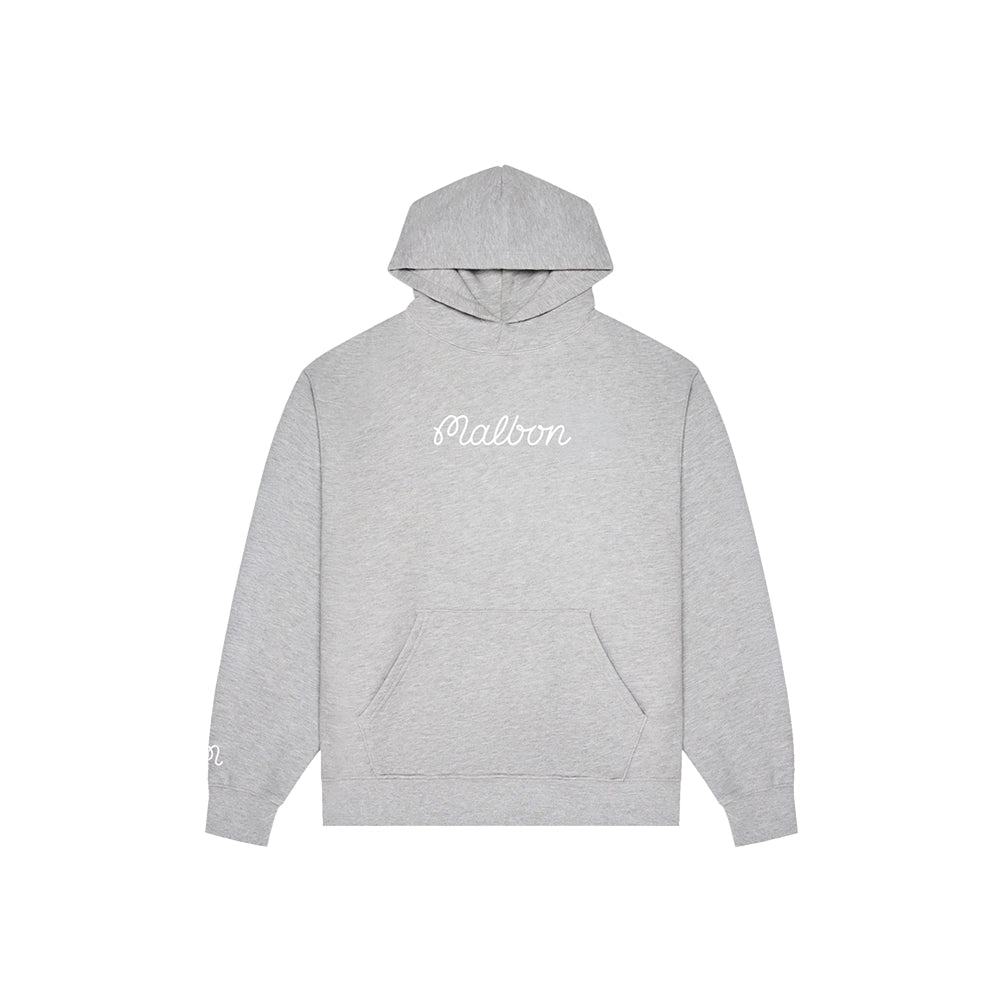 Front view of the Malbon Fesque Hoodie in heather grey laid flat, featuring the white Malbon script logo on the chest, kangaroo front pocket and double-layer hood