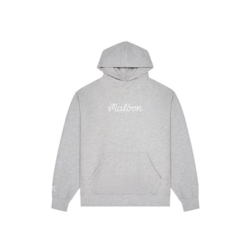 Front view of the Malbon Fesque Hoodie in heather grey laid flat, featuring the white Malbon script logo on the chest, kangaroo front pocket and double-layer hood