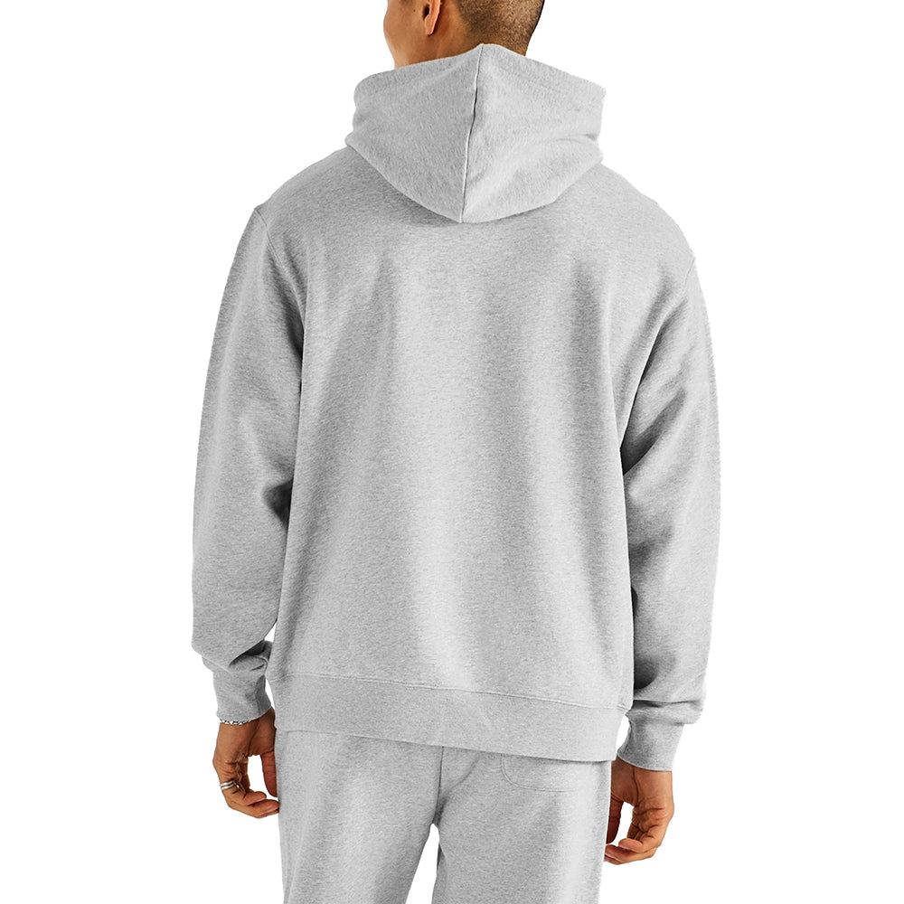 A person shown from the back wearing a light heather gray pullover hoodie and matching gray sweatpants against a plain white studio background.