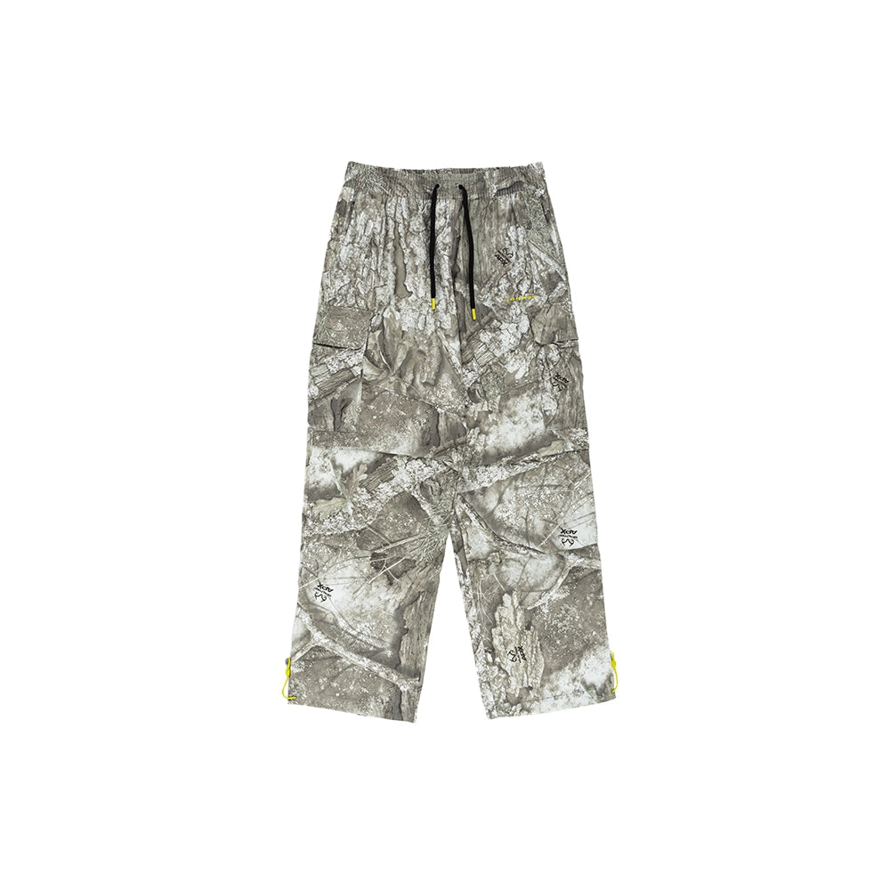 Front view of Jordan Brooklyn Realtree cargo pants in White Bright Citron with camouflage print and cargo pockets.