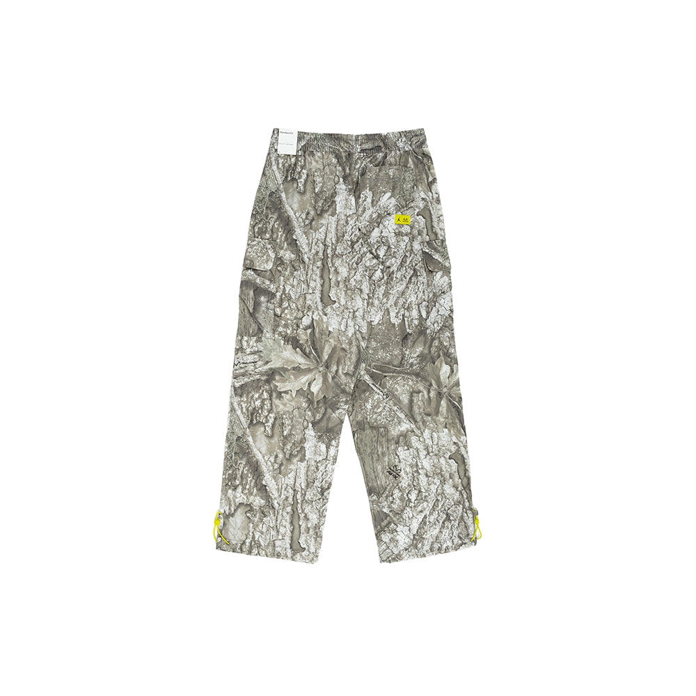 Back view of Jordan Brooklyn Realtree cargo pants with grey and white camouflage and bright citron accents.