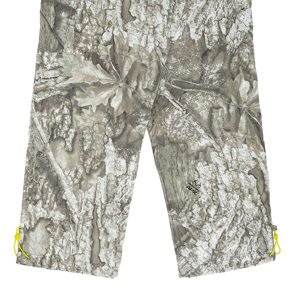 Back leg detail of Jordan Brooklyn Realtree cargo pants showing leaf camouflage and adjustable hem drawcords.