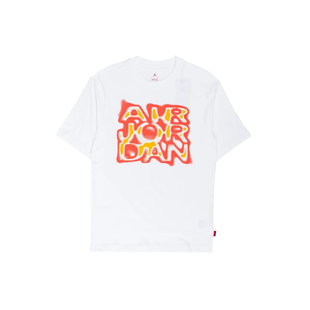 White Jordan Brooklyn '85 T-shirt with short sleeves, a crew neck, and a orange and yellow Air Jordan graphic on the front.