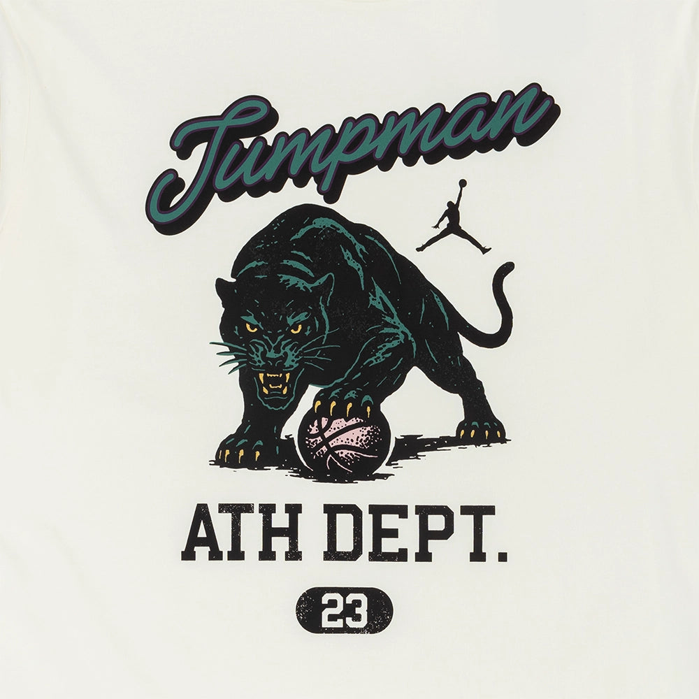 Close-up of a black panther resting its paw on a basketball, with Jumpman lettering, ATH DEPT. text and the number 23