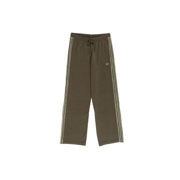 Front view of adidas women's Knit Firebird track pants in Branch Silver Pebble with drawstring waist and light side stripes.