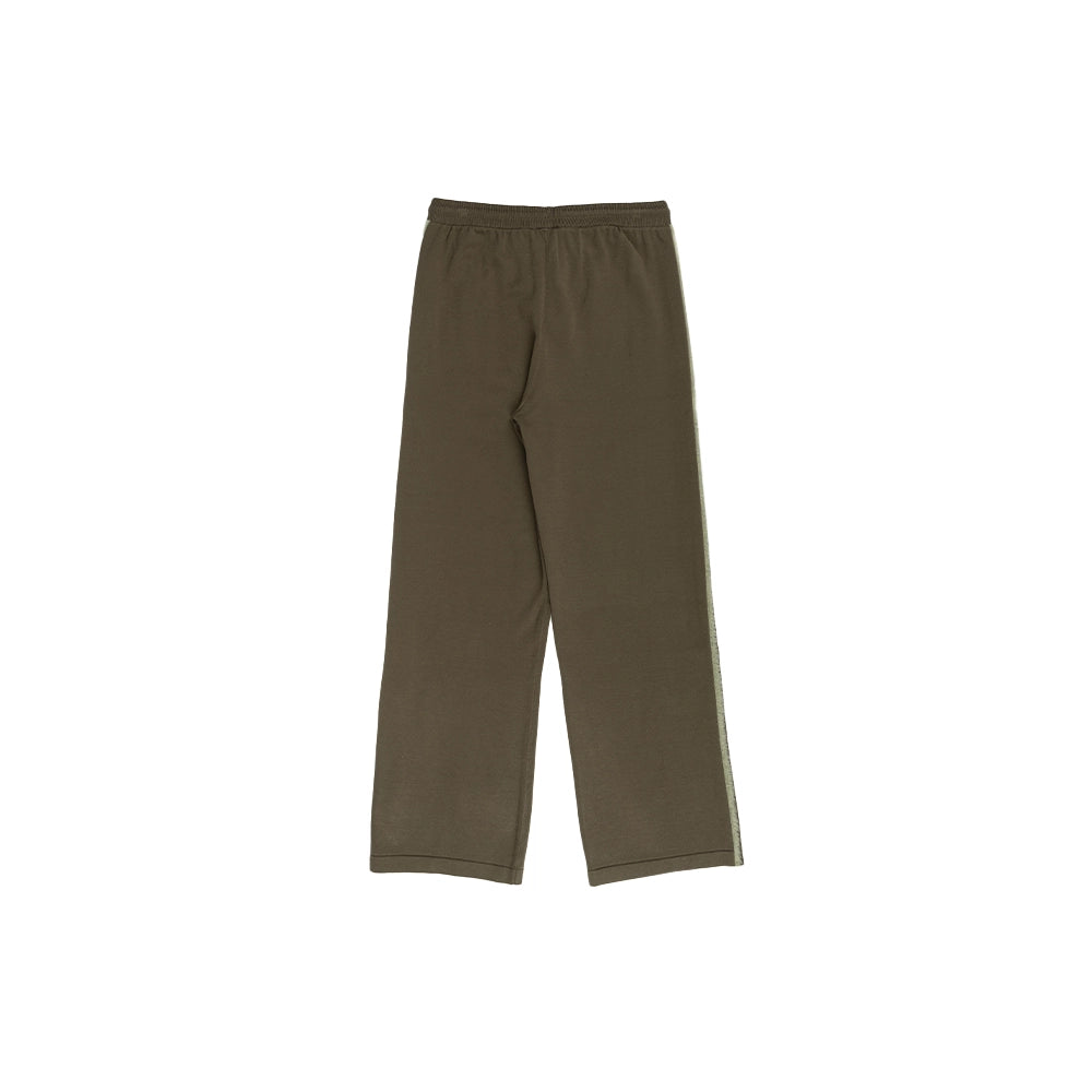 Back view of adidas women's Knit Firebird track pants in Branch Silver Pebble with wide legs and light side stripes.