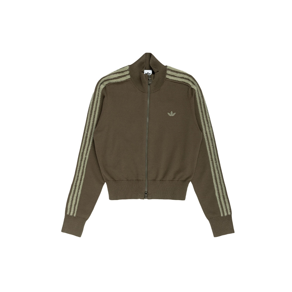 Front view of adidas women's Knitted Firebird track top in Branch with Silver Pebble sleeve stripes and Trefoil logo.
