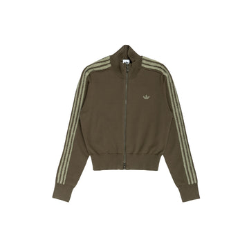 Front view of adidas women's Knitted Firebird track top in Branch with Silver Pebble sleeve stripes and Trefoil logo.