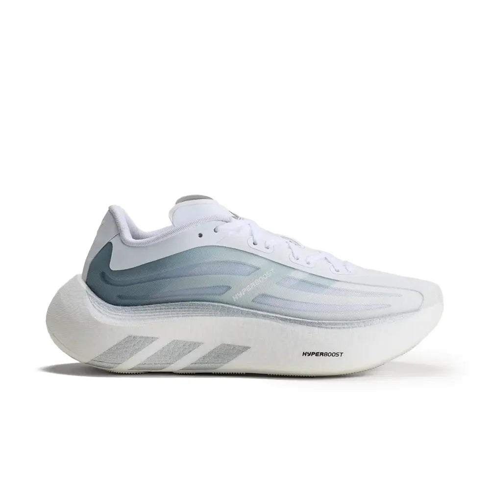 A white and light blue running shoe shown from the side against a plain white background.