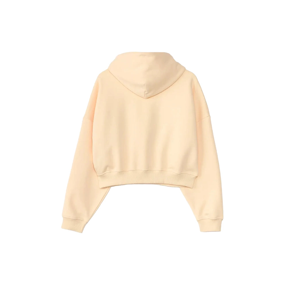 Back view of adidas women's adiSignature NY hoodie in Warm Vanilla, showing the hood and cropped hem.